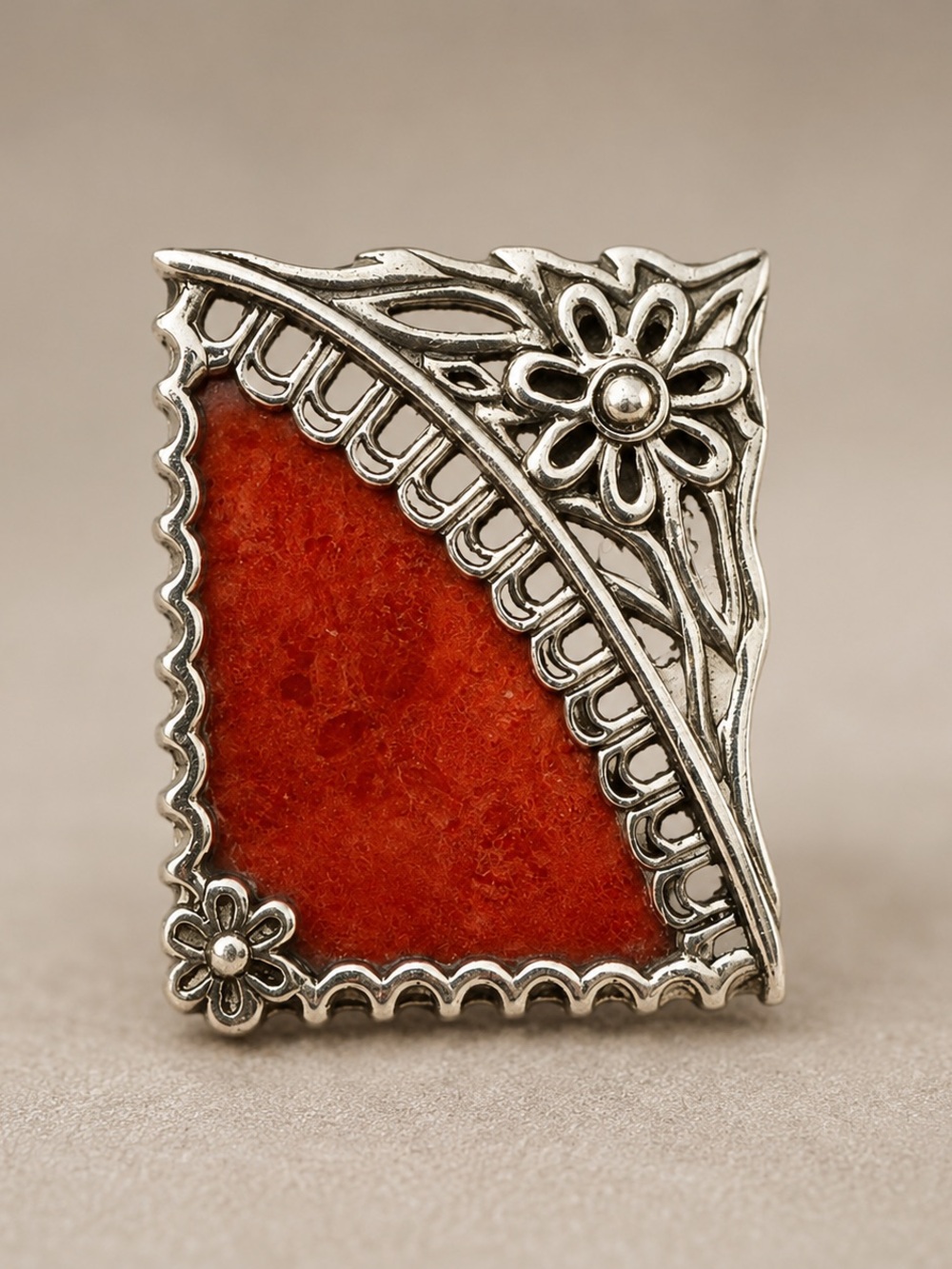Vintage Sterling Silver Floral statement Ring Red Coral Inlay 925 BBJ